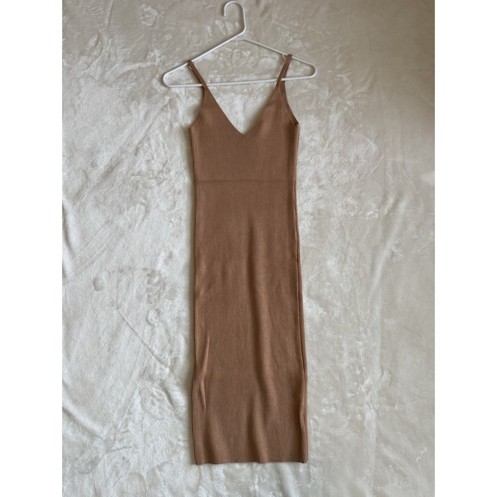 Forever 21 Women Tan Ribbed Knit V-Neck Spaghetti Strap Midi Bodycon Dress Small - Picture 2 of 7